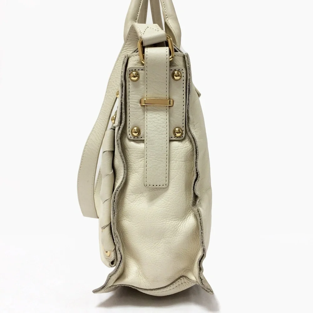 Vince Camuto Mica Ivory Leather Satchel Braided Whipstitch Gold Convertible